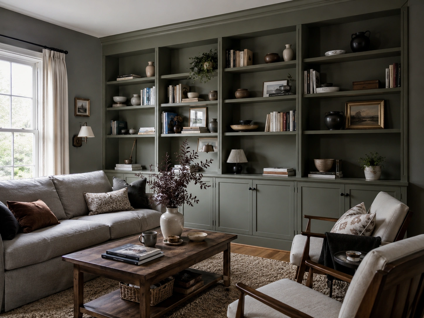 Green built-in shelves on a grey living room wall with a grey sofa, wood coffee table and neutral cushions.