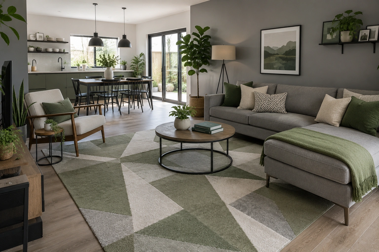 Grey living room with a green geometric rug, grey sofa, sage accents, plants, and open kitchen view.