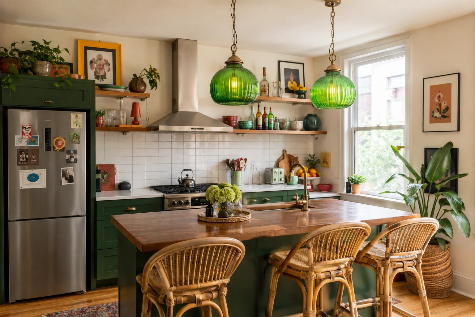 Green glass pendant lights above a wood kitchen island with rattan stools and dark green cabinets