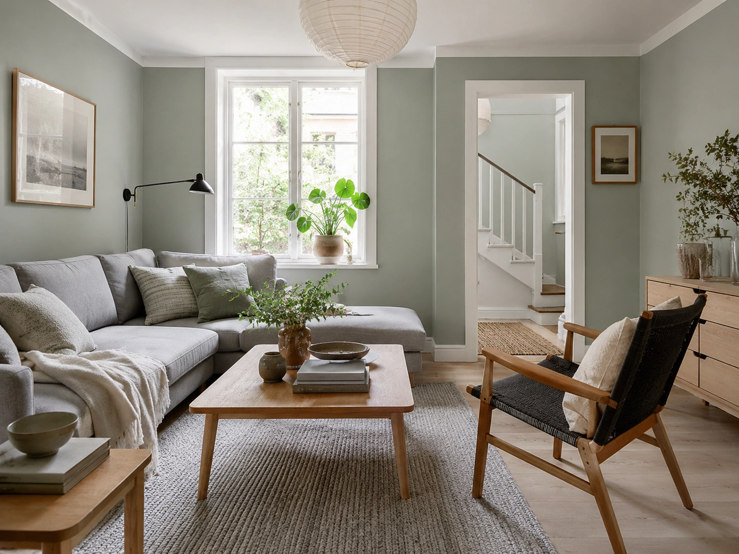 Green-grey living room with white trim, grey sofa, light wood furniture, and Scandi decor.