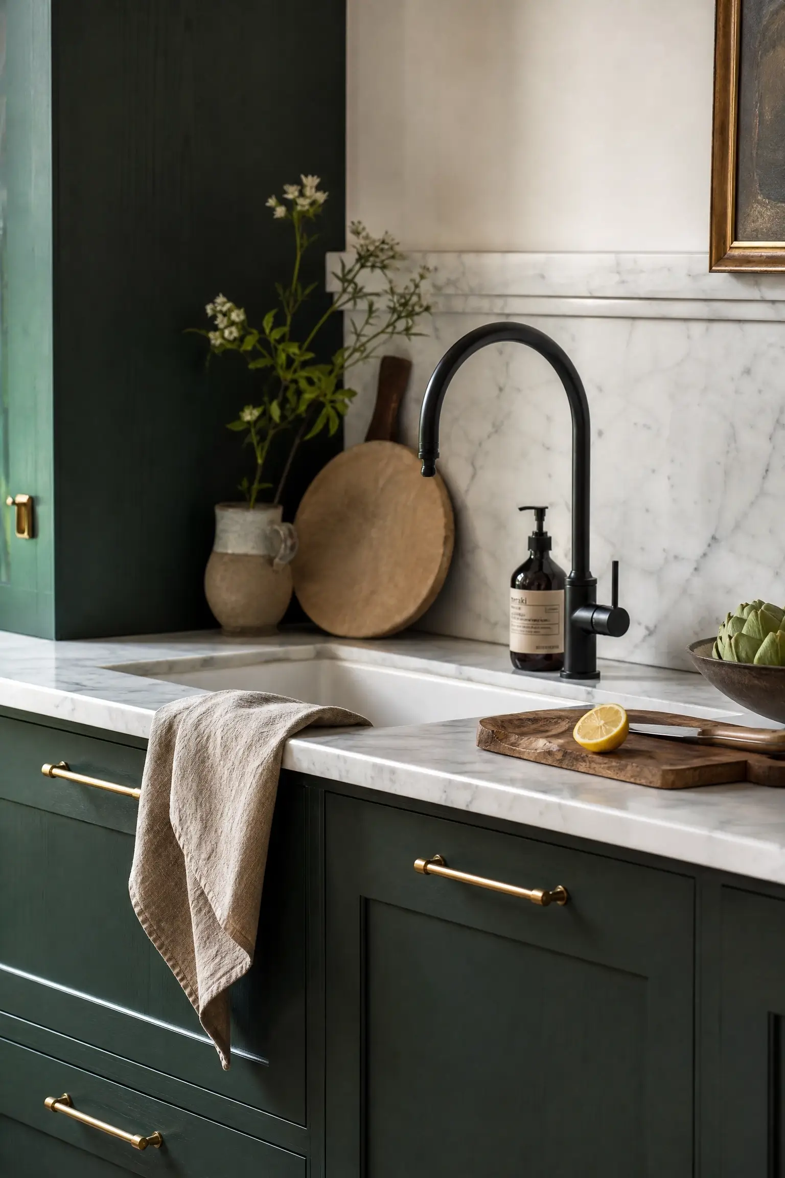 Green kitchen cabinets with brass pulls, matte black faucet, marble backsplash, and warm mixed-metal styling.
