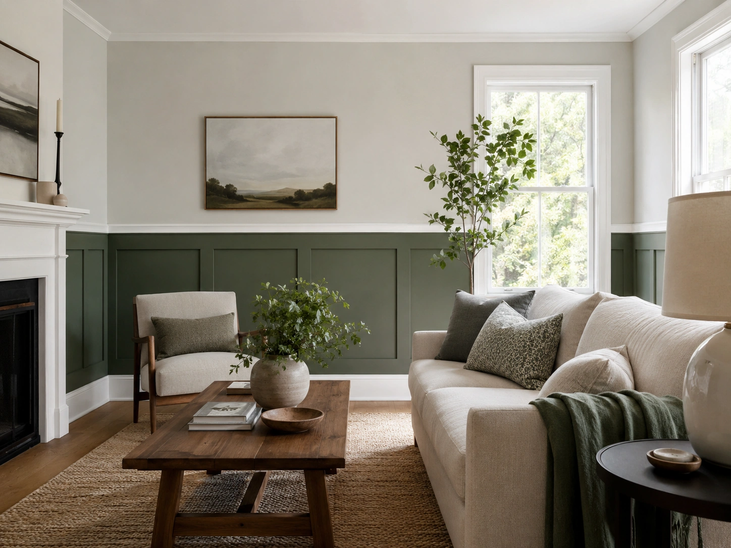 Green wainscoting below grey upper walls in a bright living room with cream sofa and wood coffee table.