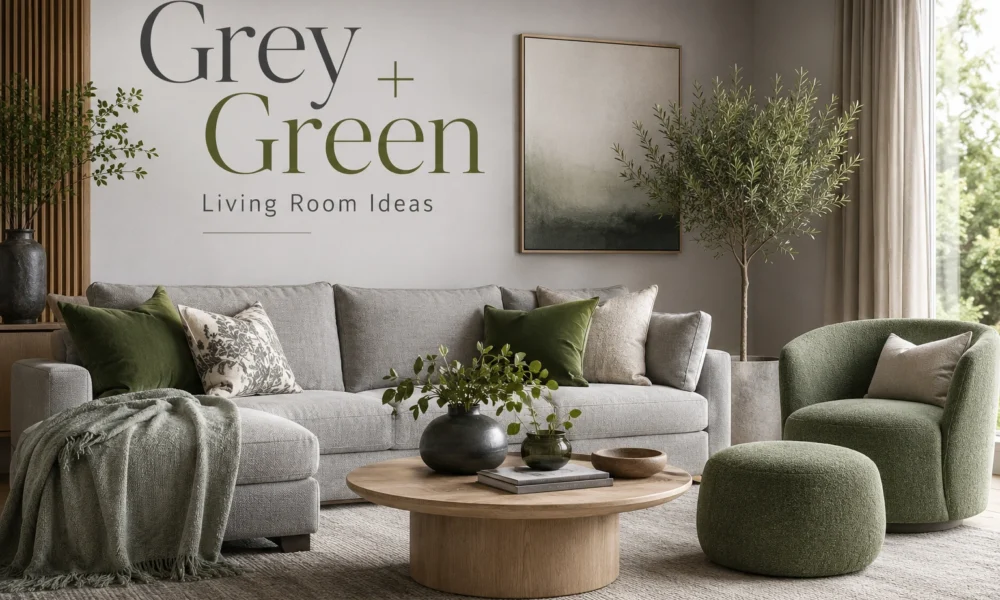Grey and green living room with grey sofa, sage chair, olive cushions, plants, and wood coffee table