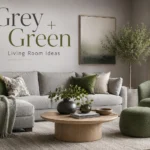 Grey and green living room with grey sofa, sage chair, olive cushions, plants, and wood coffee table
