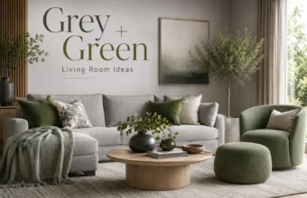 Grey and green living room with grey sofa, sage chair, olive cushions, plants, and wood coffee table