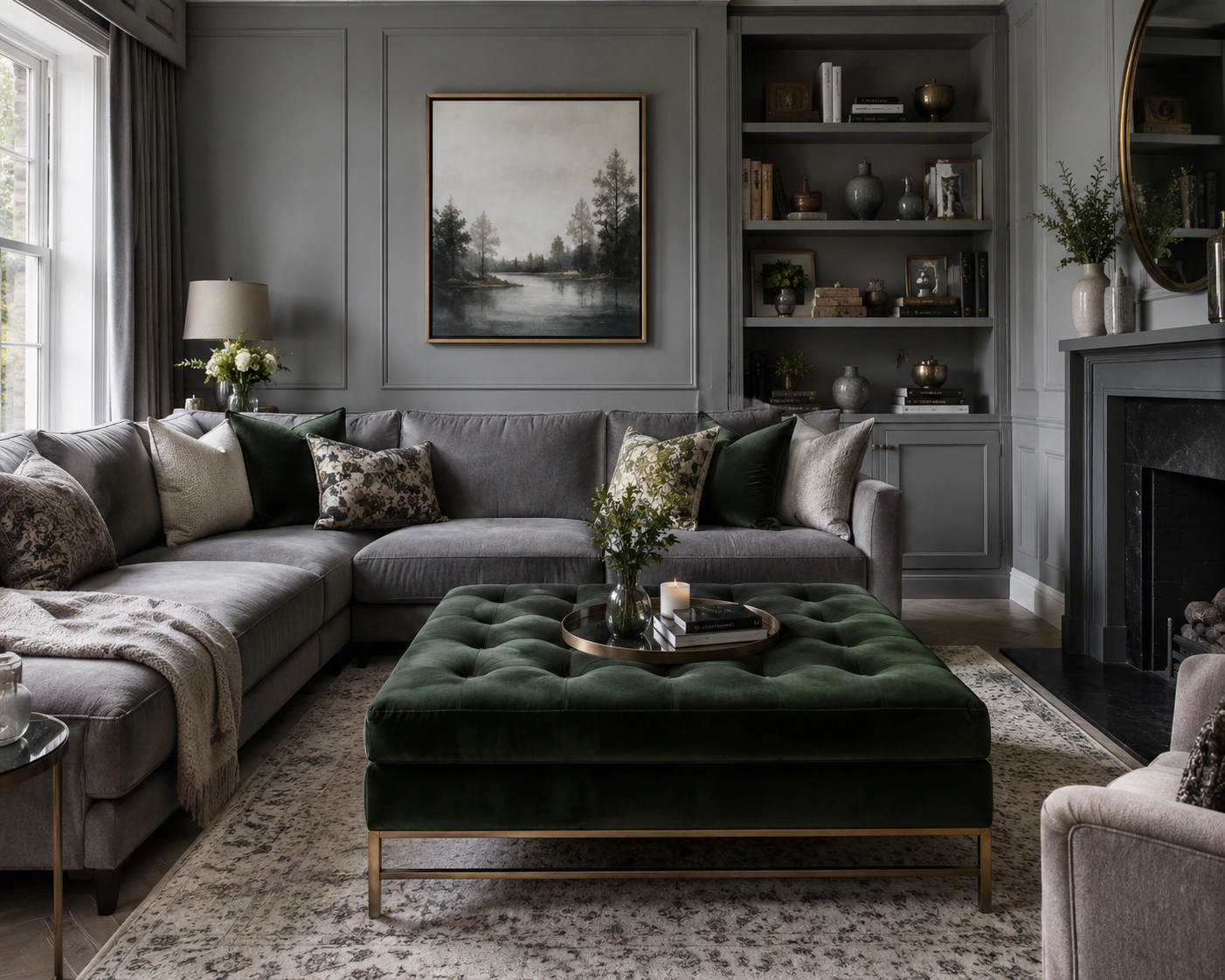 Grey painted living room with a green velvet ottoman, grey sectional sofa, built-in shelves, and fireplace.