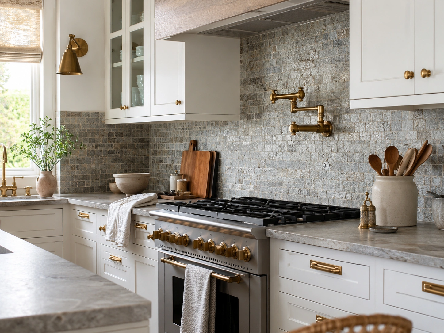 Grey quartzite mosaic backsplash with brass pot filler and hardware in a white kitchen.