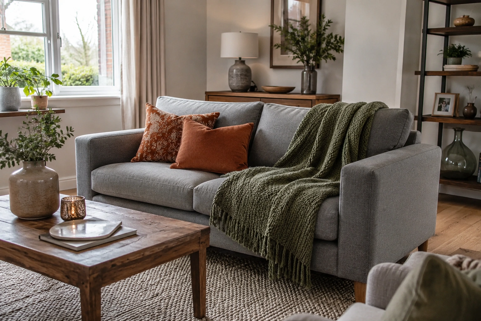 Grey sofa with green knitted throw, terracotta pillows, wood table, and plants in a cozy living room.