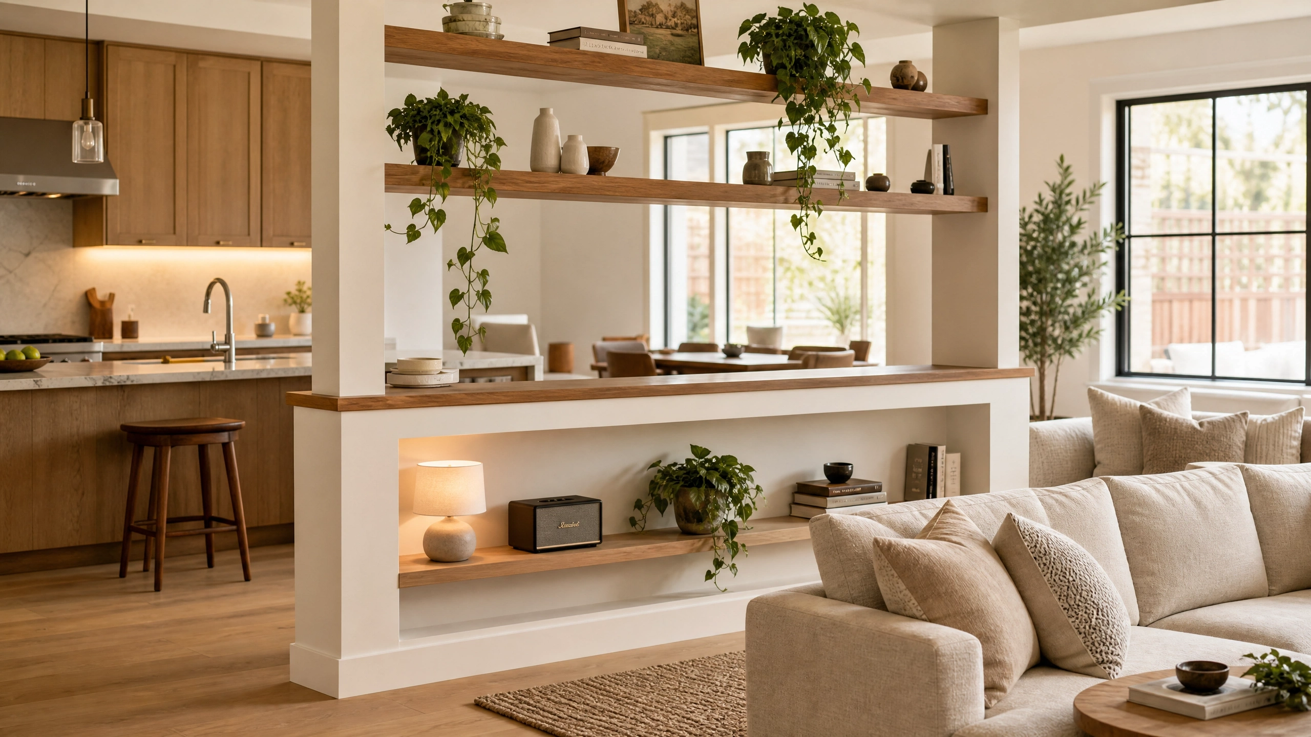 Half-wall partition topped with open wood shelves and trailing plants between kitchen and living room.