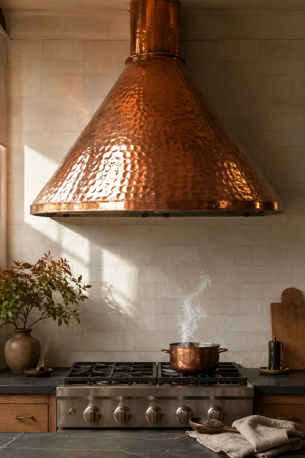 Hammered copper cone range hood above a stove with marble tile backsplash and warm kitchen light.