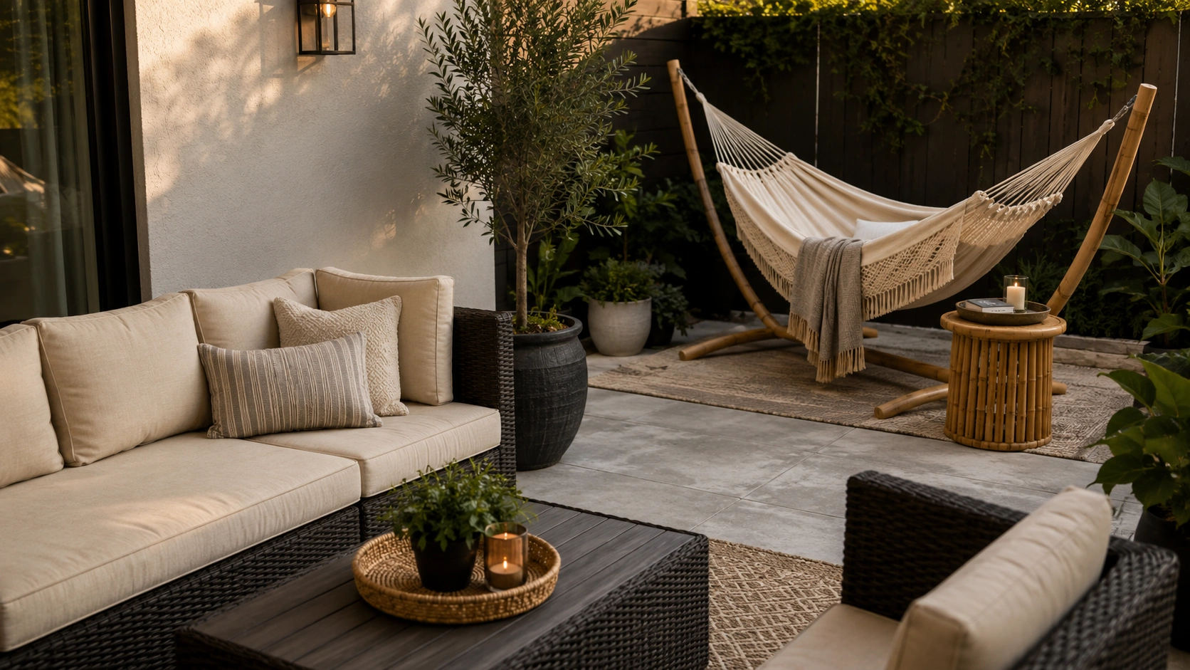 Outdoor patio hammock corner with bamboo side table, wicker sofa, neutral cushions, plants, and warm candles.