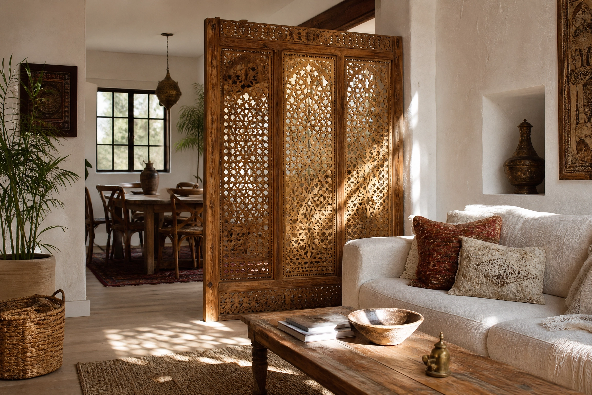 Hand-carved jali wooden screen dividing a warm traditional living room and dining area.