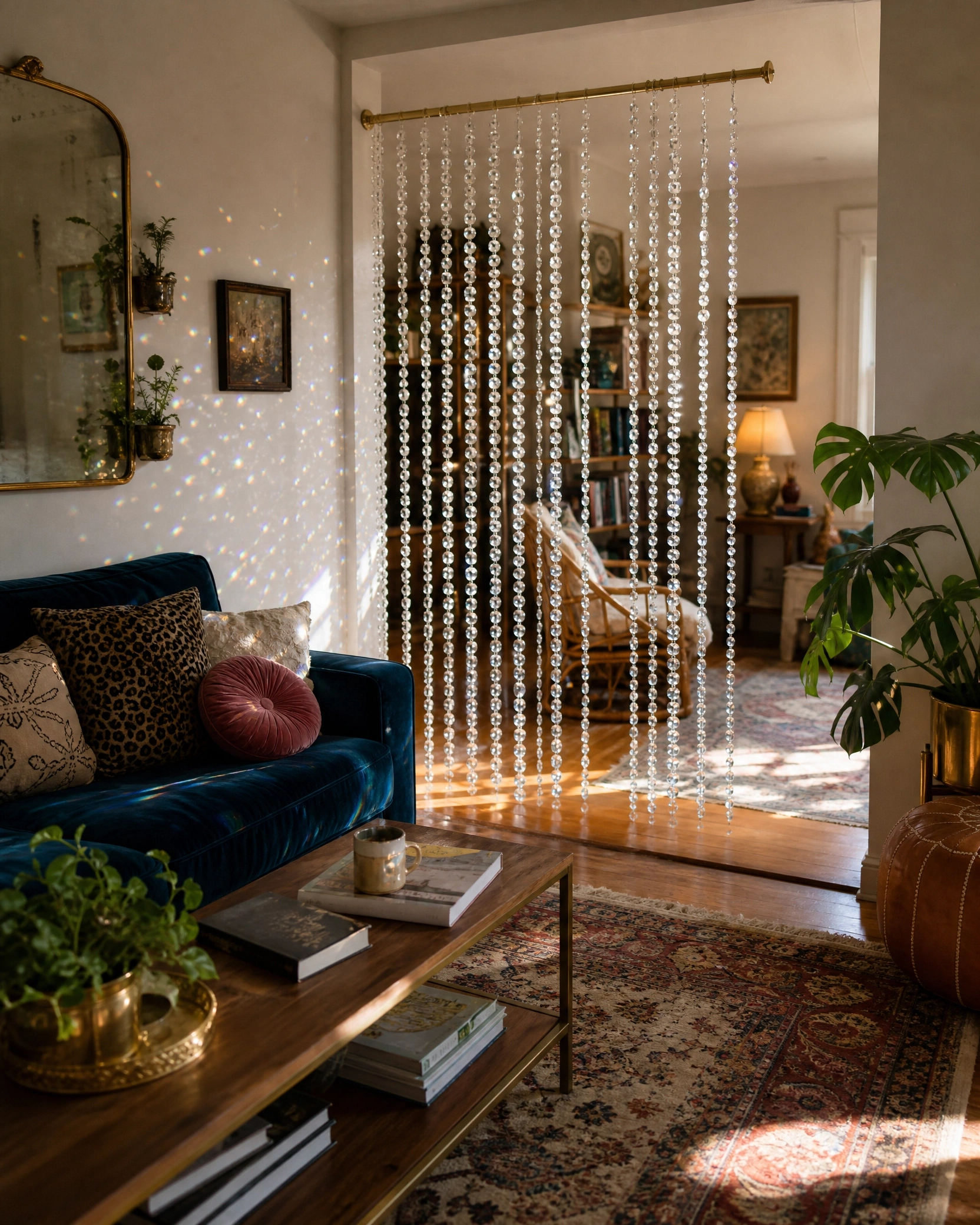 Hanging crystal bead curtain separating a glamorous living room with velvet sofa and warm sunlight