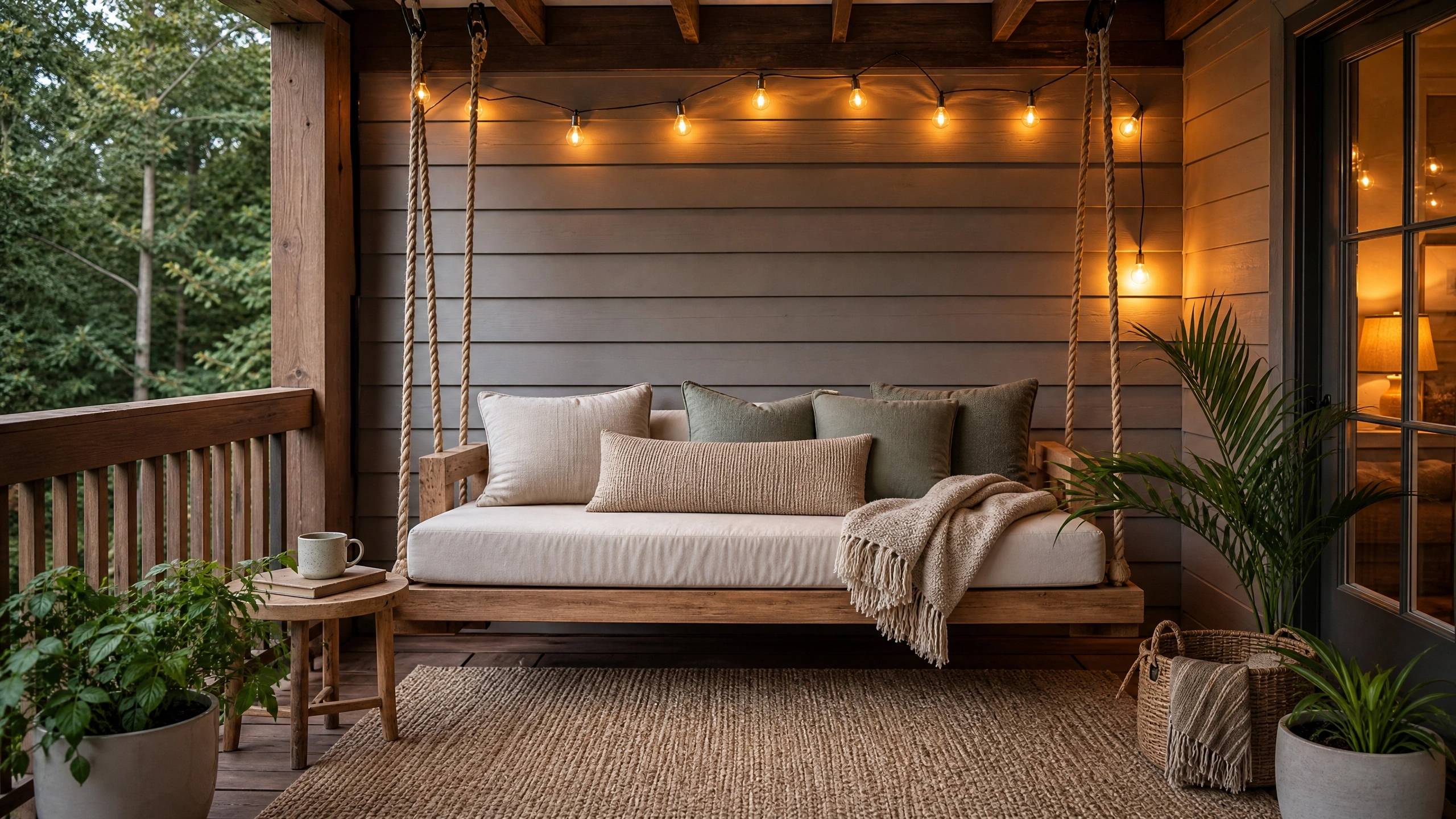 Hanging wooden porch daybed with neutral pillows, warm string lights, plants, and woven rug.
