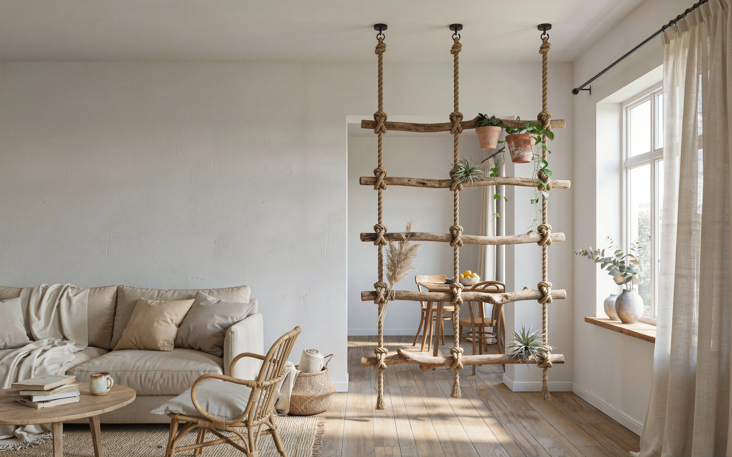 Hanging rope ladder divider with natural driftwood rungs and plants in a coastal boho living room.