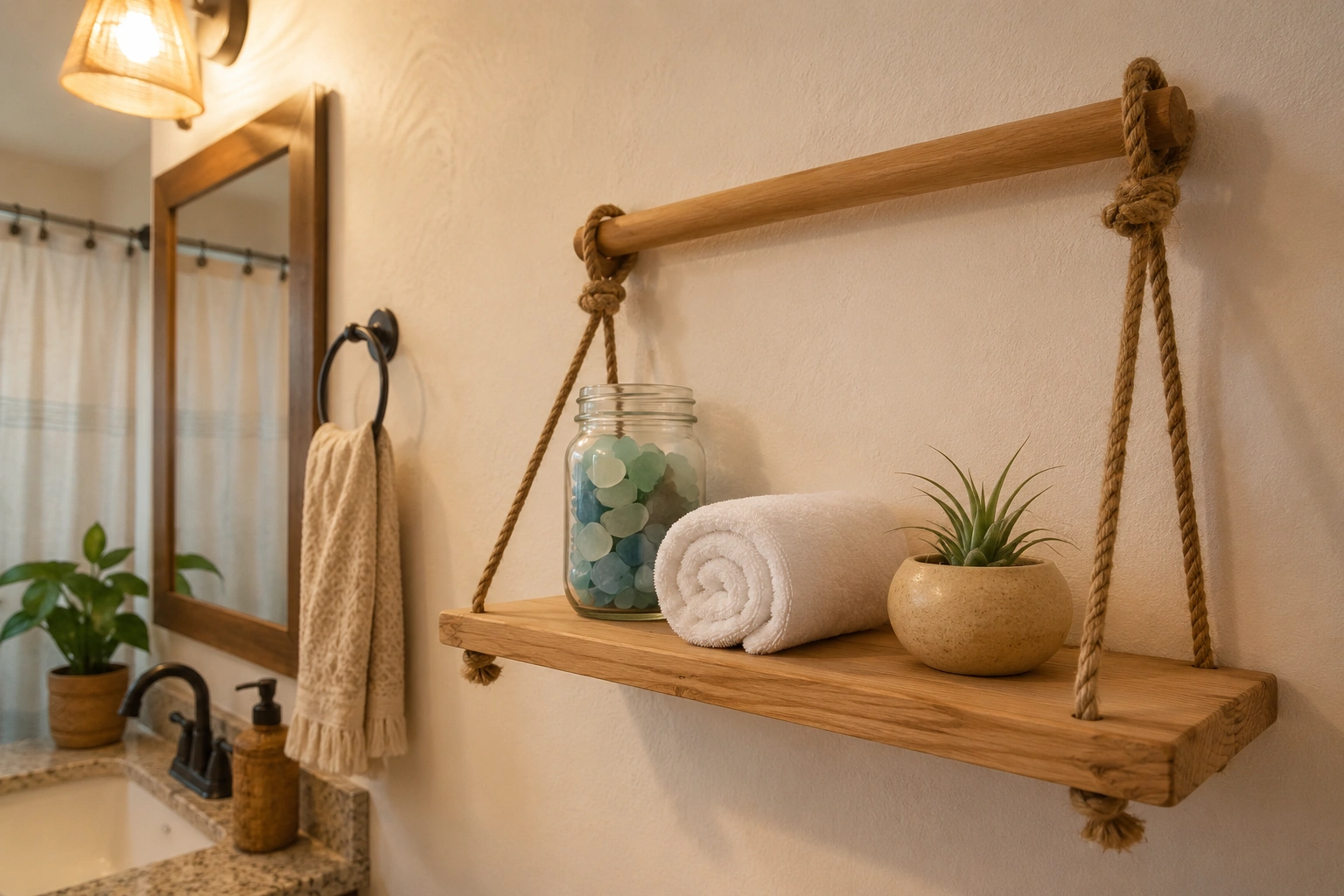 Hanging rope shelf with sea glass jar, rolled towel, and air plant in a coastal bathroom.