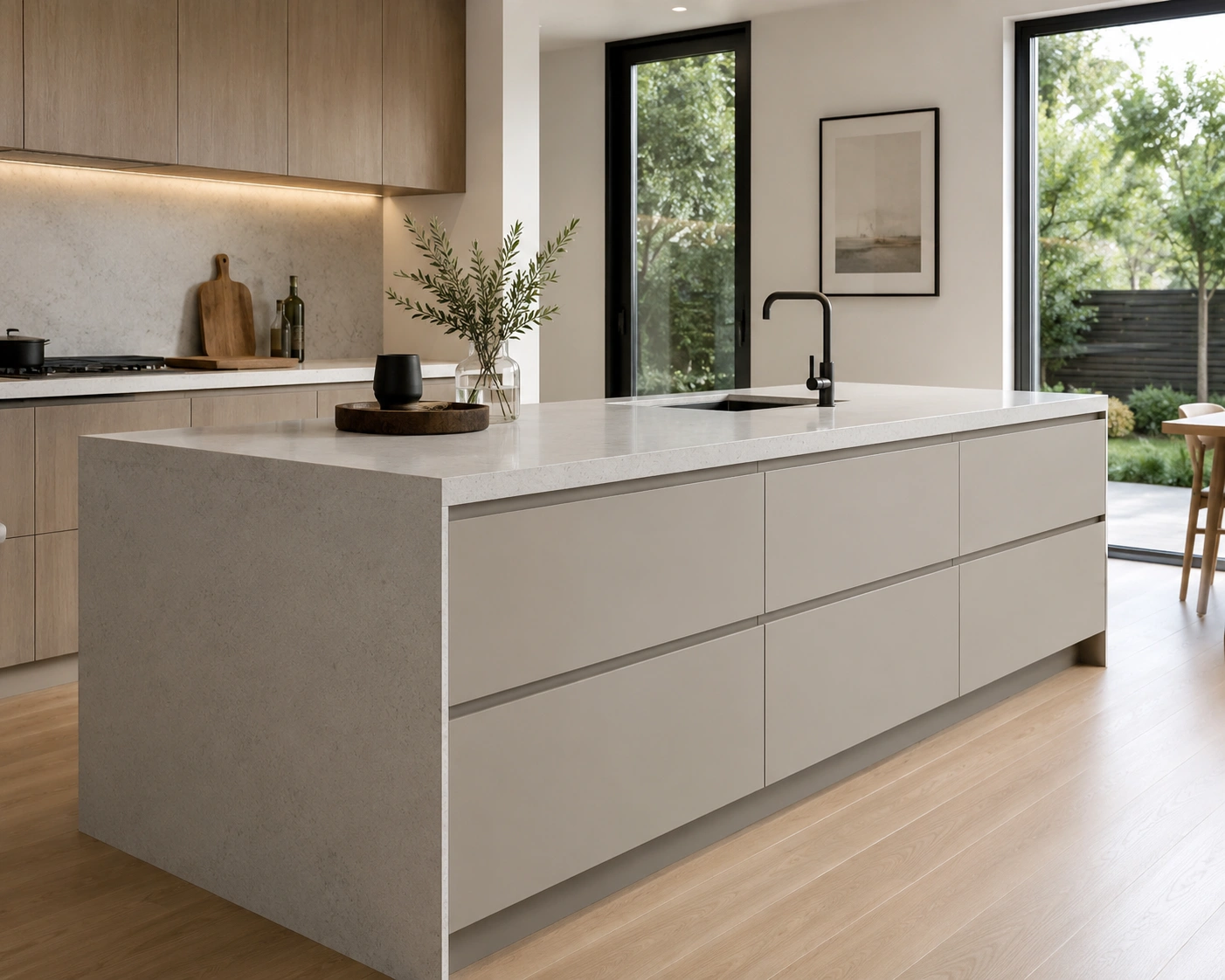 Hardware-free kitchen island with push-to-open drawers, white quartz countertop, and minimalist cabinets.