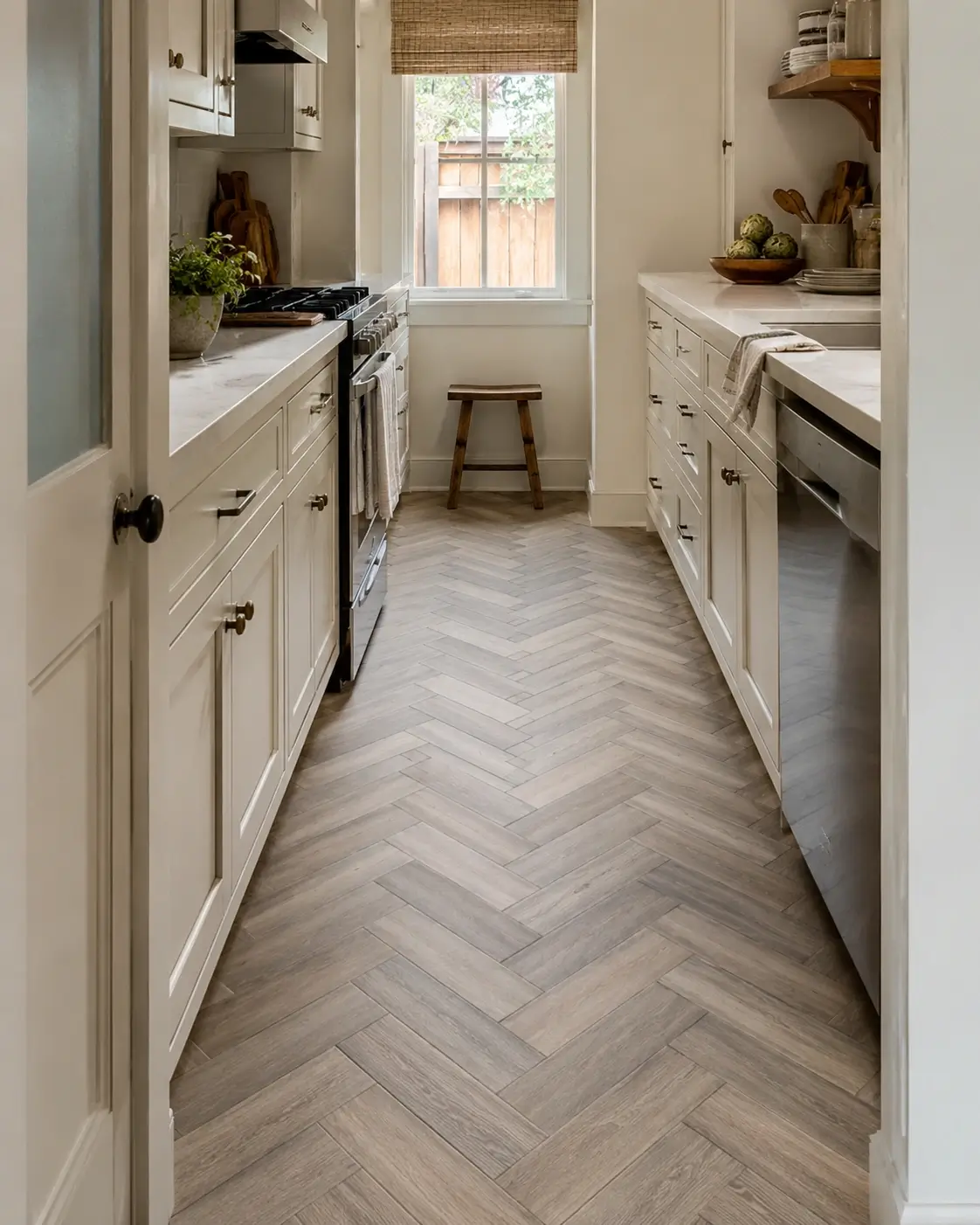 Narrow galley kitchen with herringbone peel-and-stick floor tiles drawing the eye toward the window.