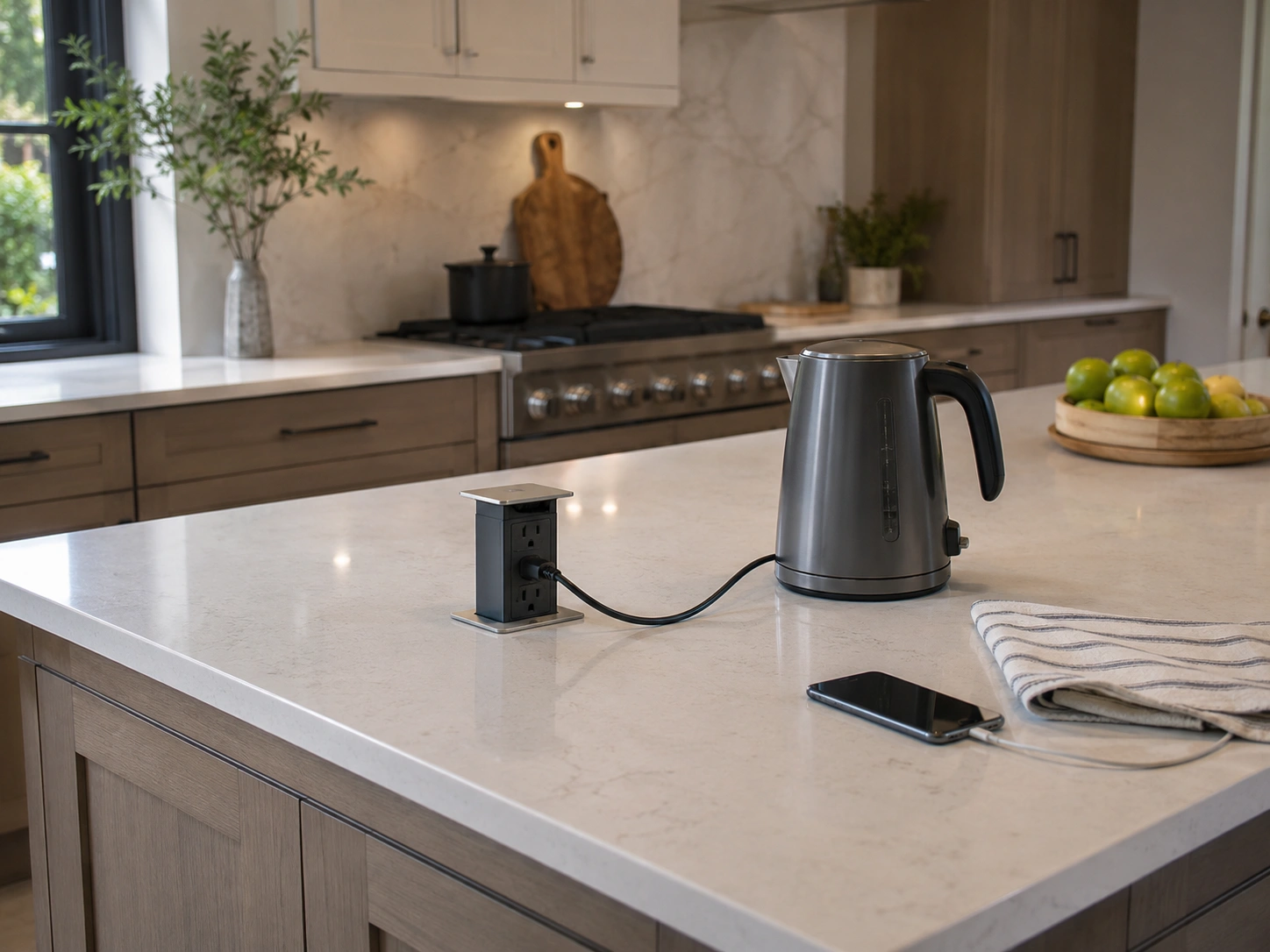 Hidden pop-up countertop outlet powering a kettle on a modern kitchen island with quartz surface.