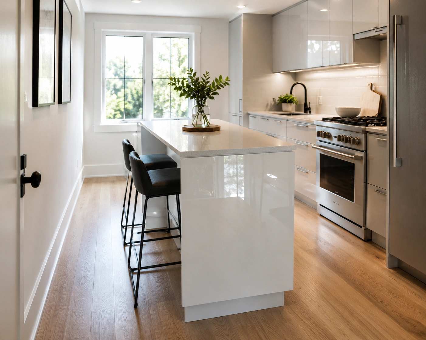 Small white high-gloss kitchen island with black stools in a narrow modern kitchen.