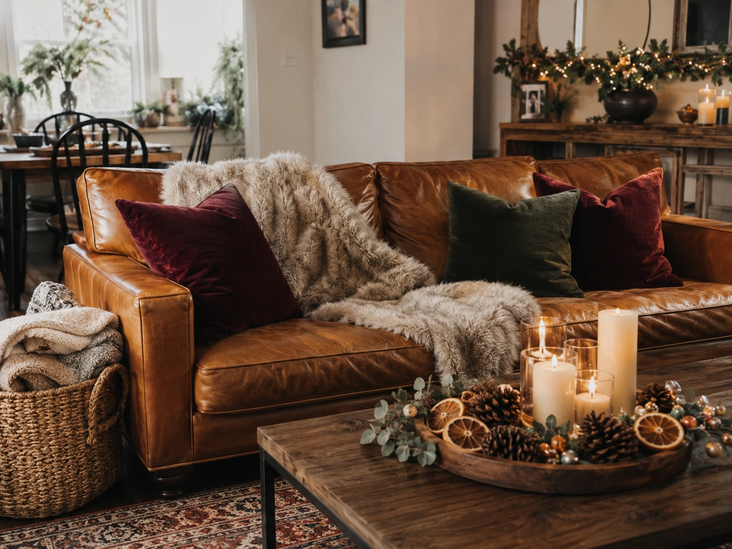Cognac leather couch styled for the holidays with faux fur throws, velvet pillows, candles, and warm textures.