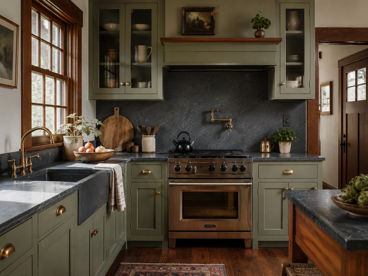 Craftsman kitchen with honed soapstone backsplash, olive cabinets, brass fixtures, and warm wood trim.