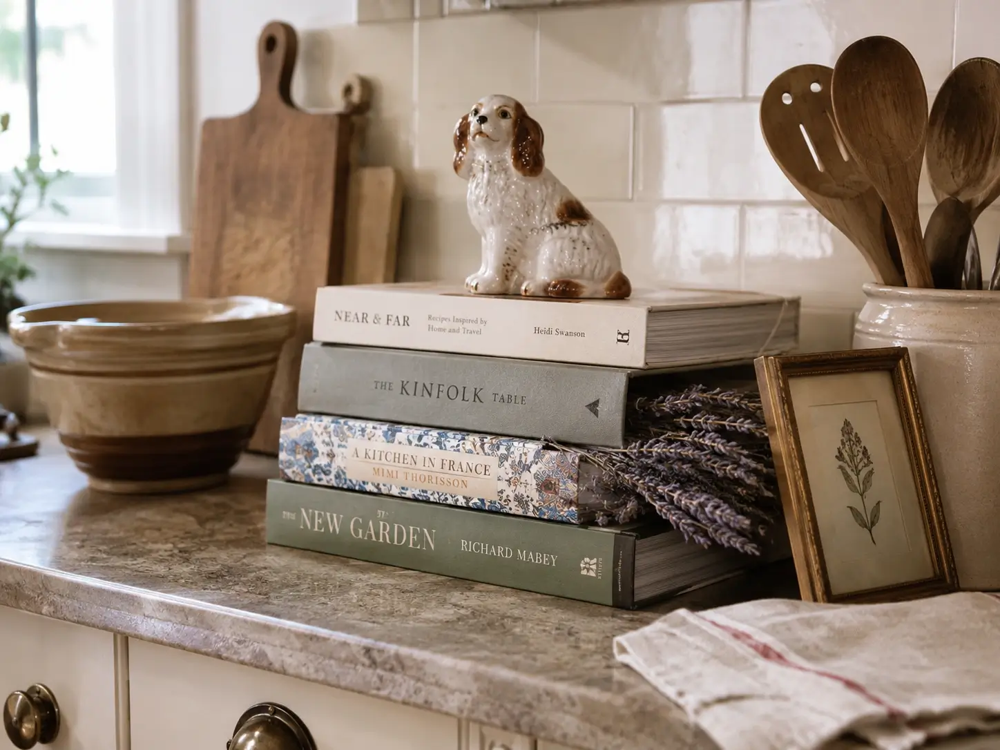 Horizontal stack of cookbooks with dried lavender tucked between volumes on a cozy kitchen counter.