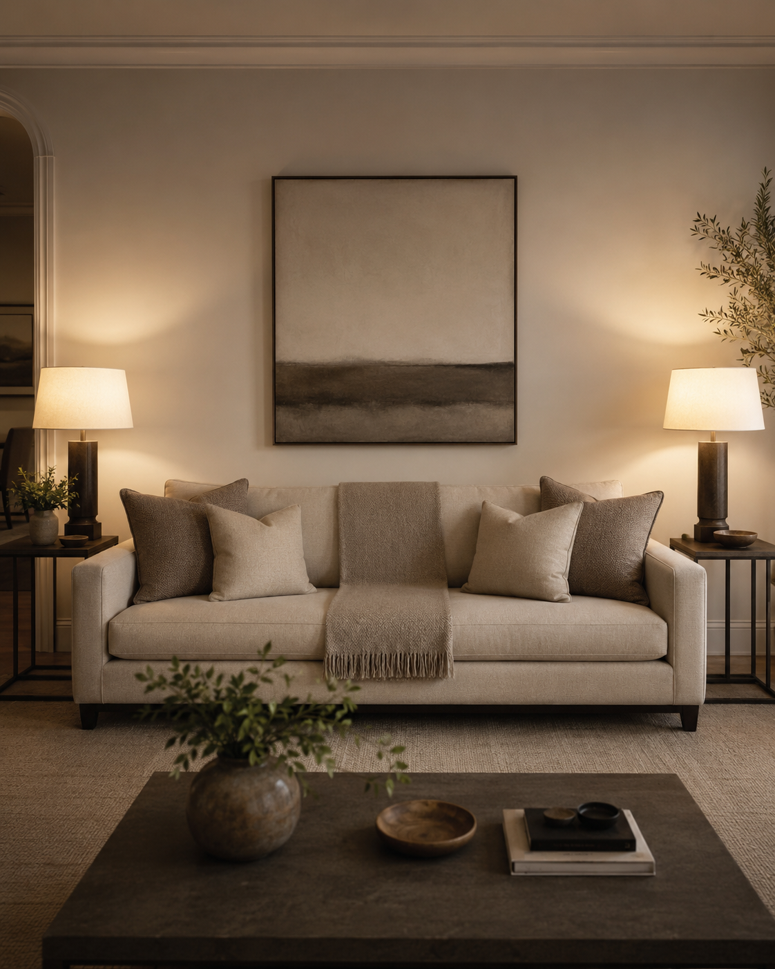 Hotel-inspired living room with symmetrical sofa cushions, matching lamps, and neutral decor.