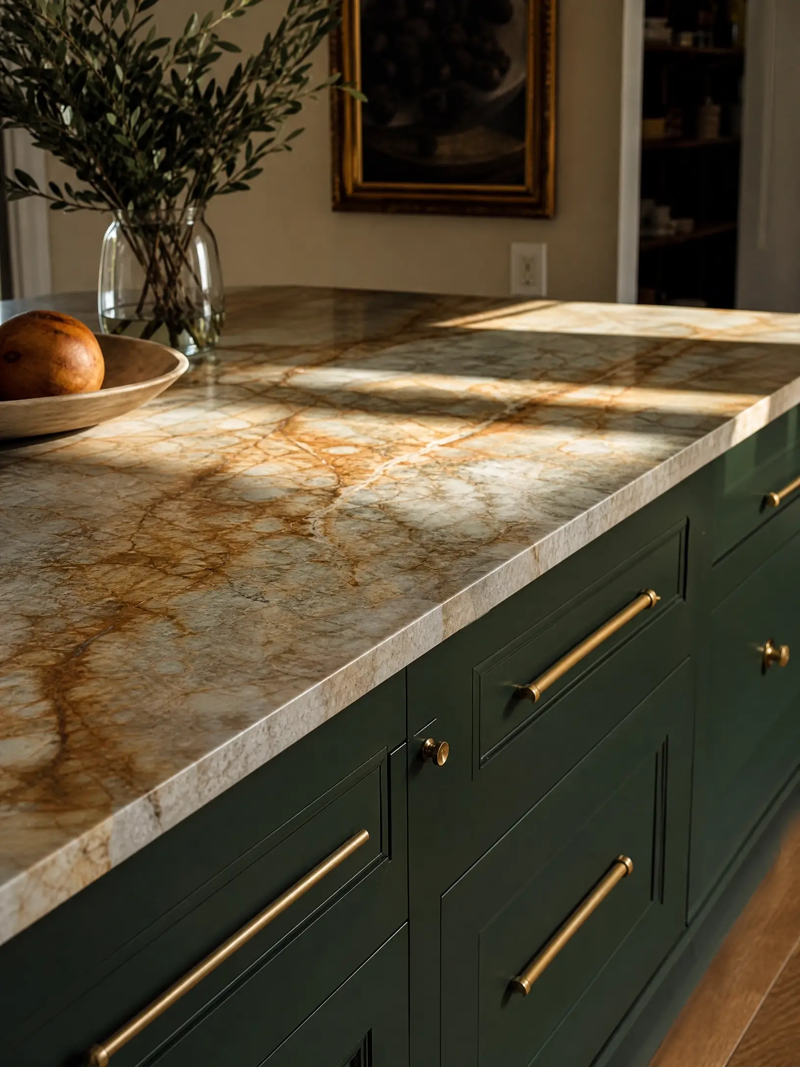 Hunter green cabinets with brass pulls and warm-veined quartzite countertop.