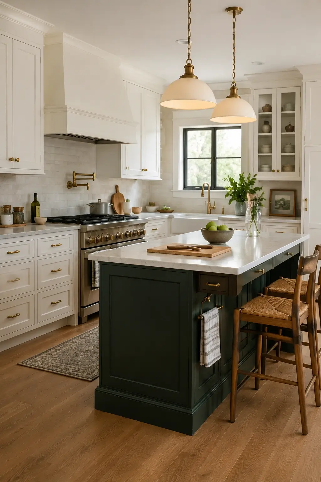 Hunter green kitchen island with white perimeter cabinets, brass hardware, and warm pendant lights.
