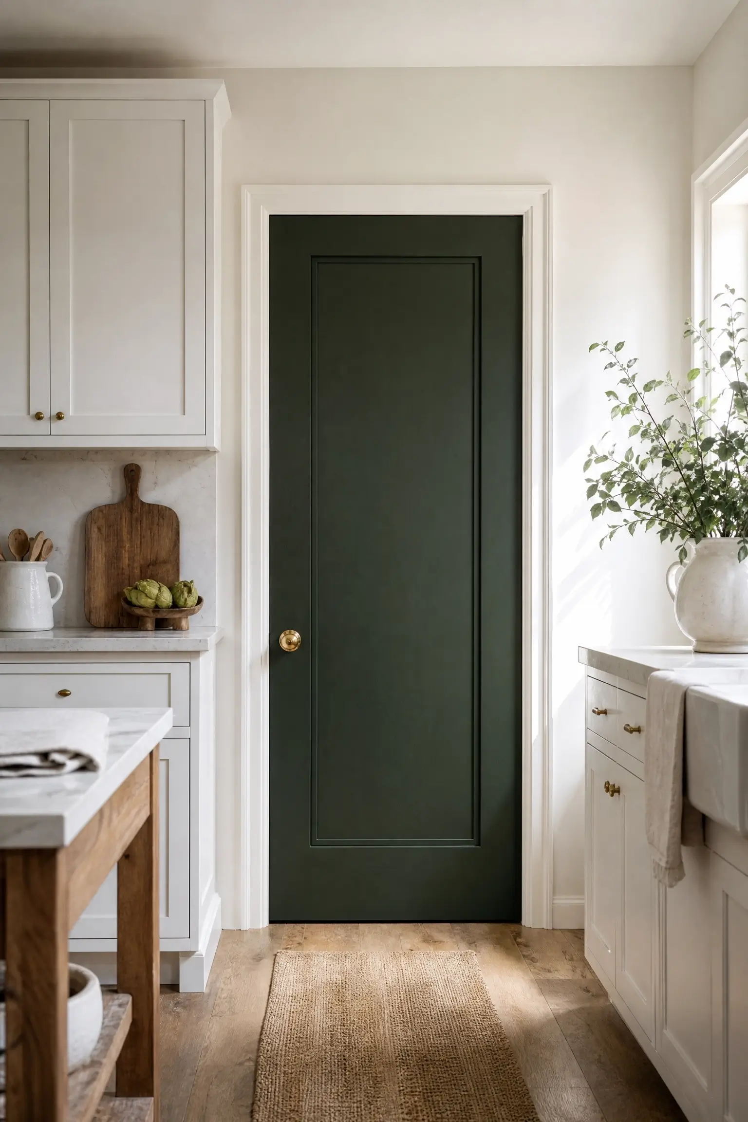 Hunter green pantry door in an all-white kitchen with brass hardware and warm wood accents