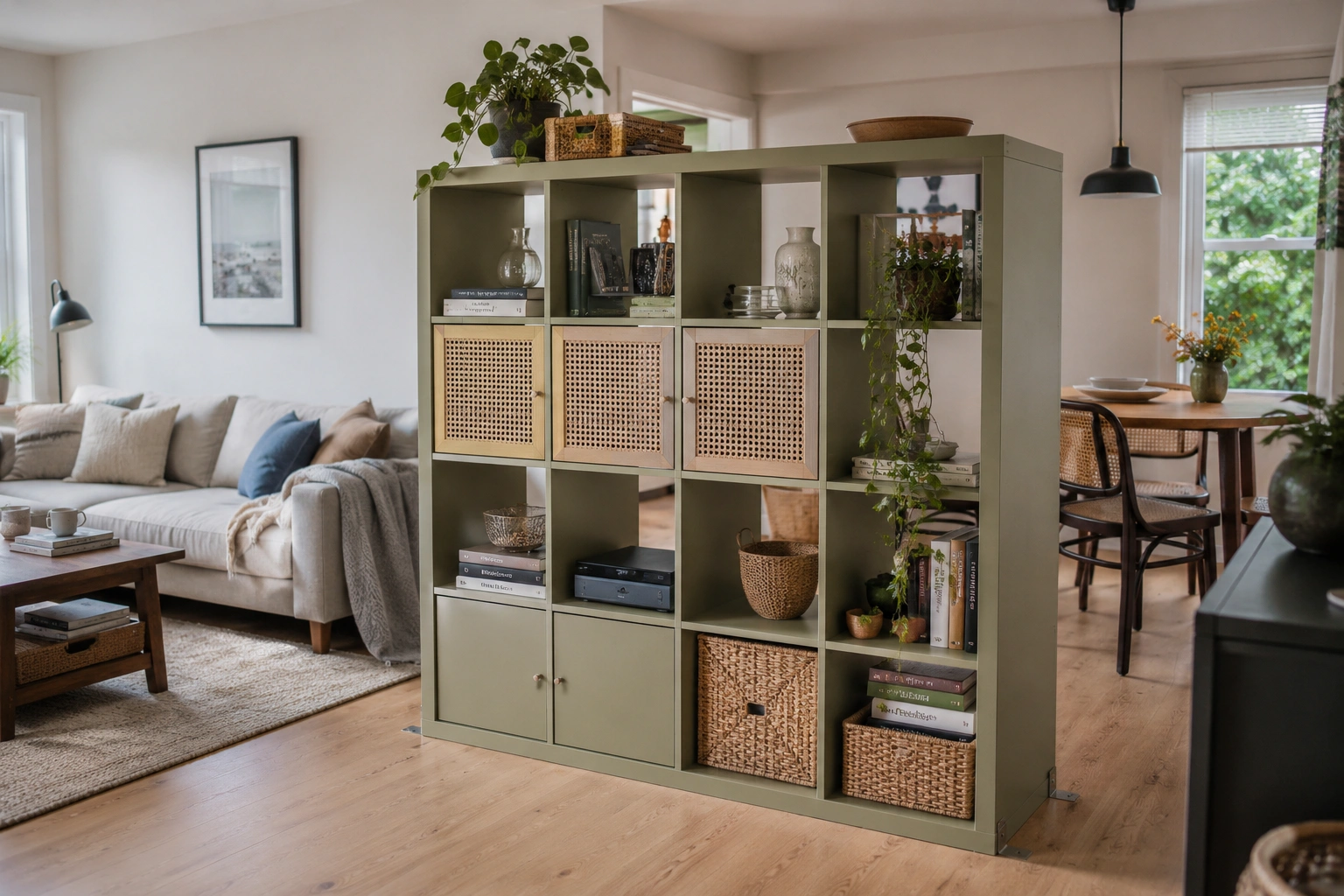 IKEA KALLAX bookcase used as a double-sided room divider with baskets, books, plants, and decor.