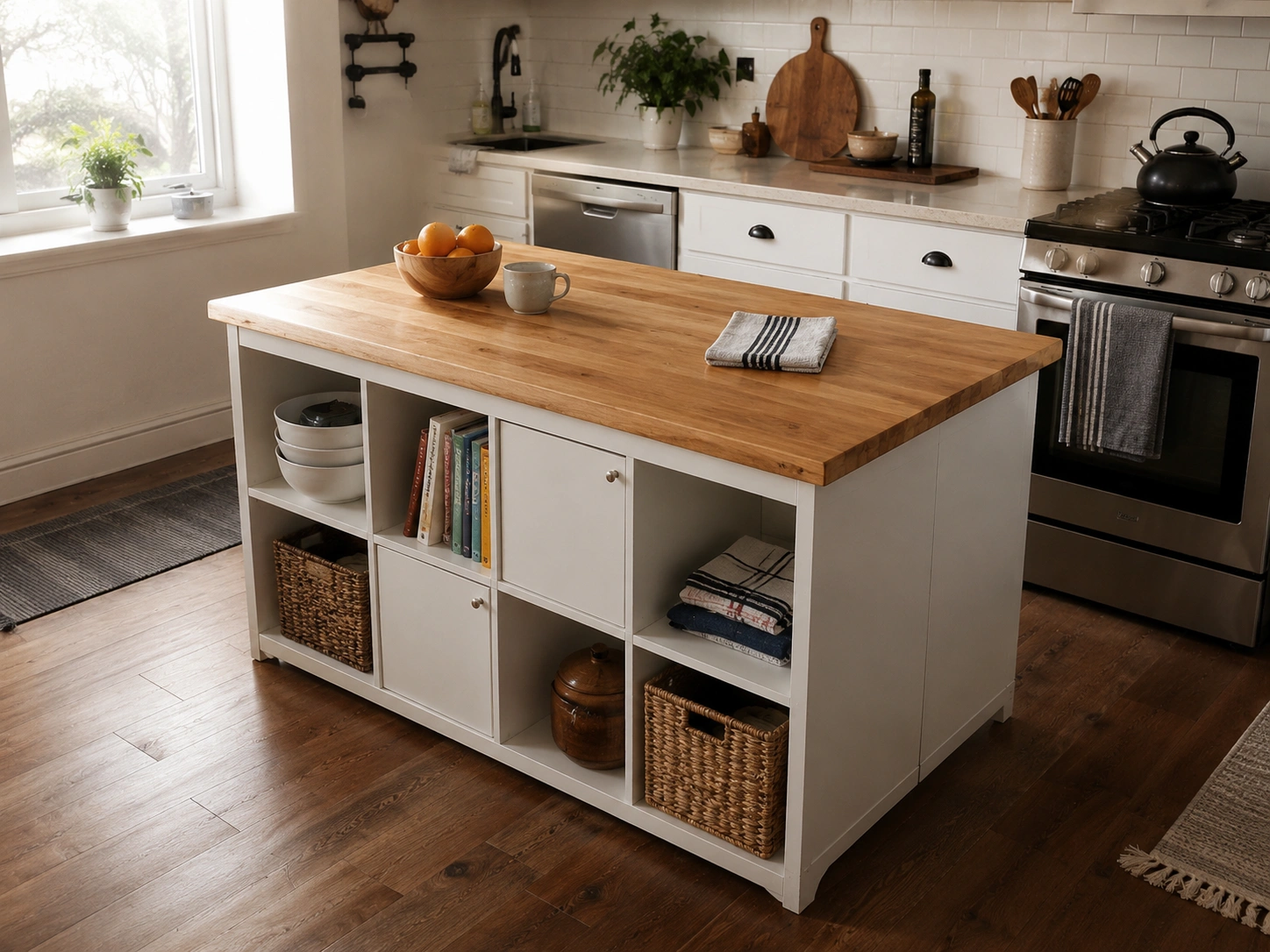 Budget IKEA KALLAX-style kitchen island with butcher block top, open cubbies, baskets, and cookbook storage.