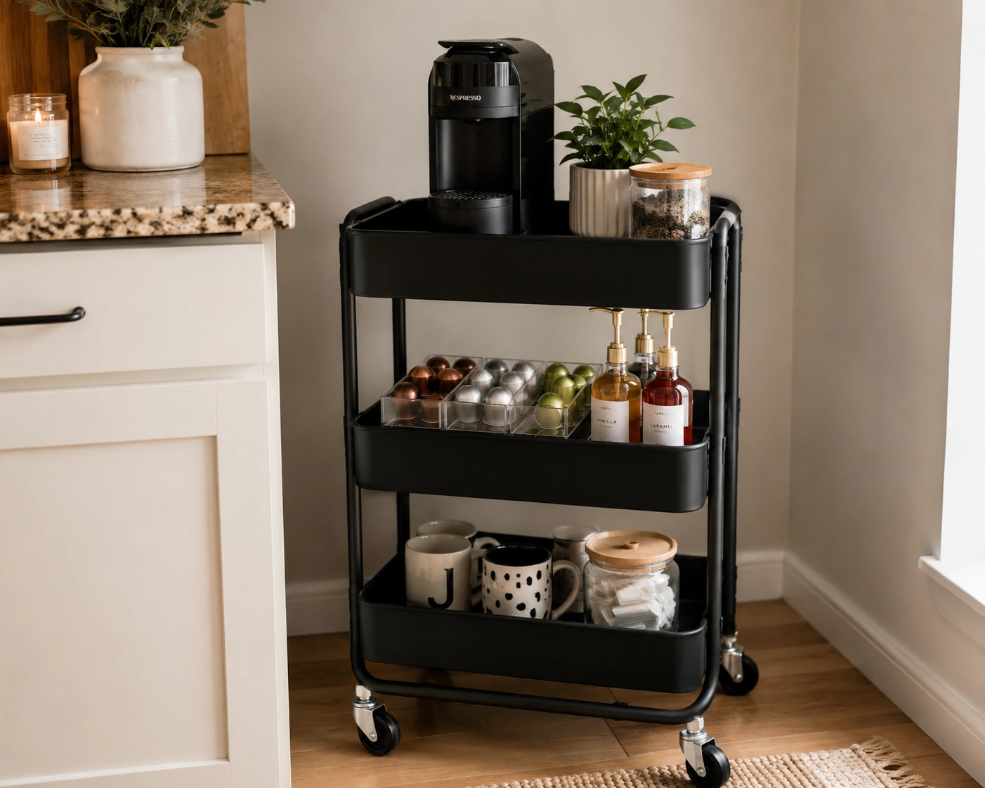 Black IKEA RÅSKOG rolling cart coffee station with Nespresso machine, pods, syrups, mugs, and storage jars.