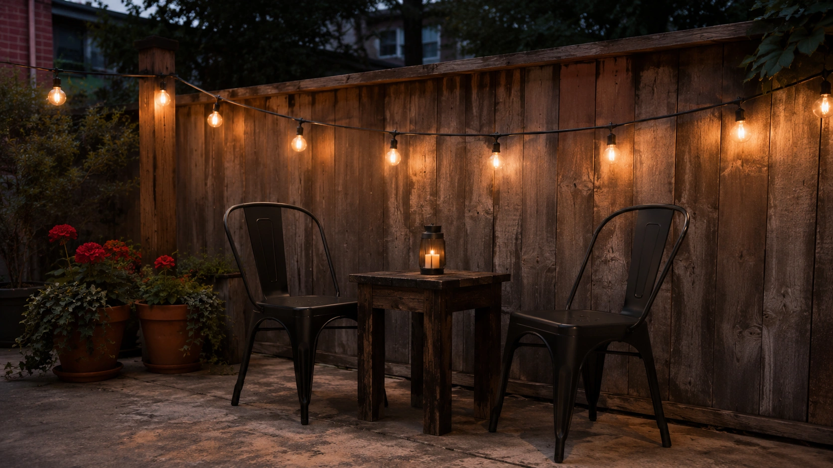 Industrial patio with black metal chairs, rustic wood table, Edison bulb strands, and warm evening lights.