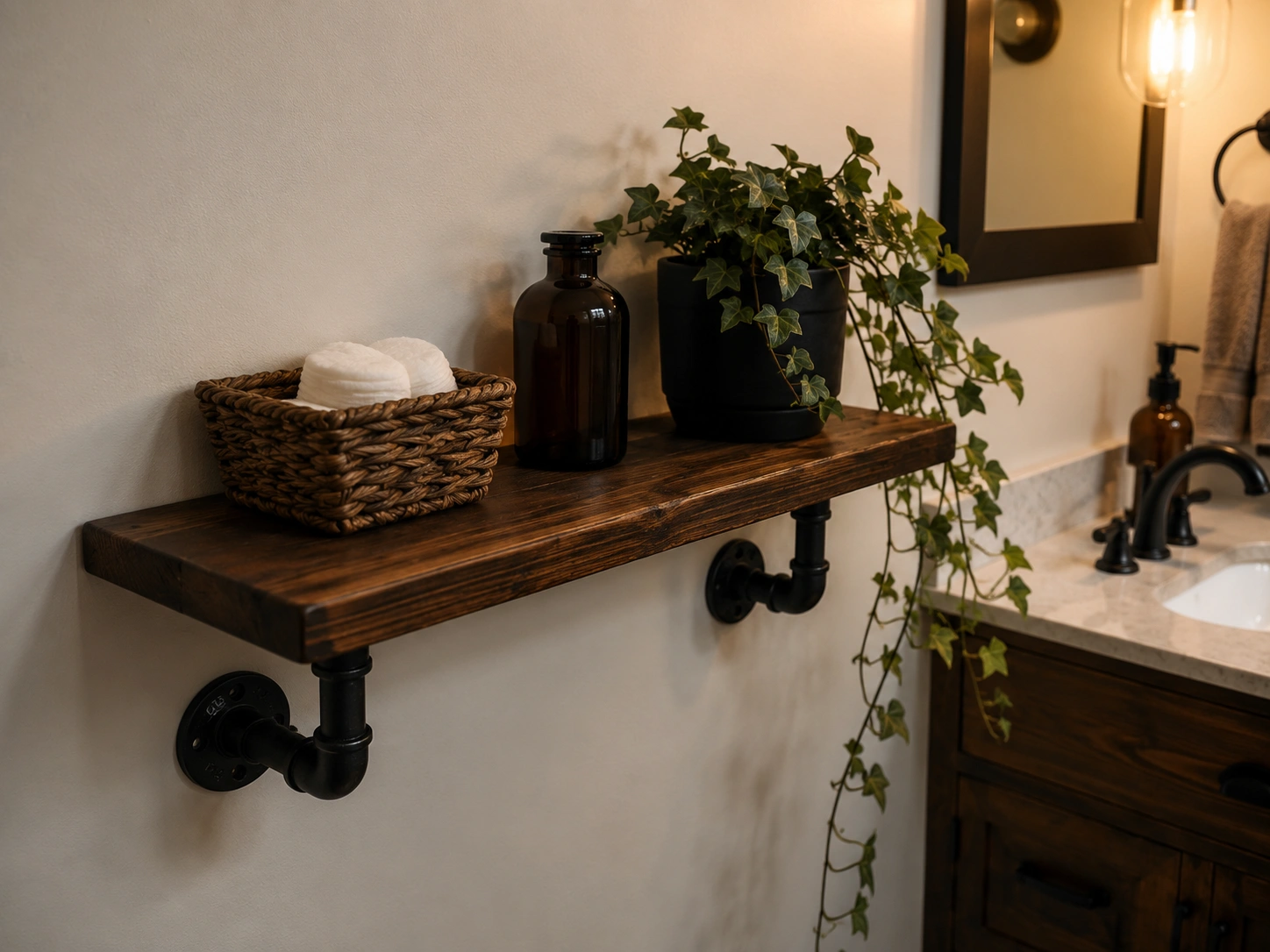 Industrial pipe and reclaimed wood wall shelf with basket, amber bottle, and trailing ivy in a warm bathroom.