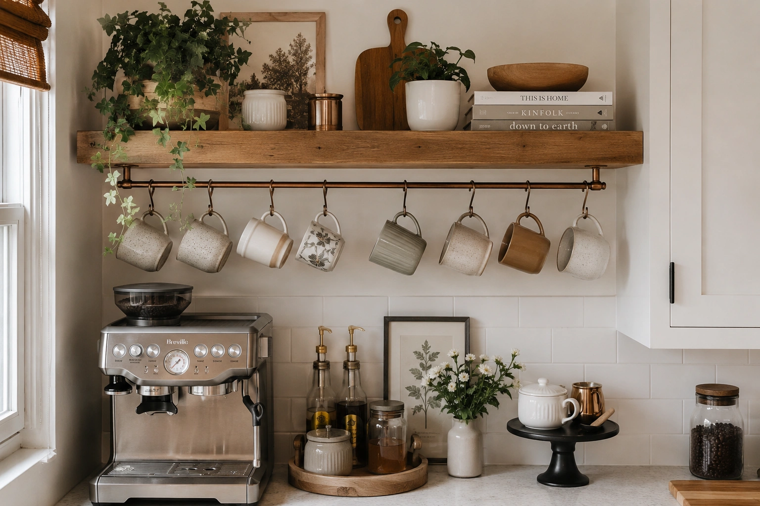 Industrial pipe shelf coffee station with rustic wood shelves, espresso maker, mugs, coffee jars, and plants.