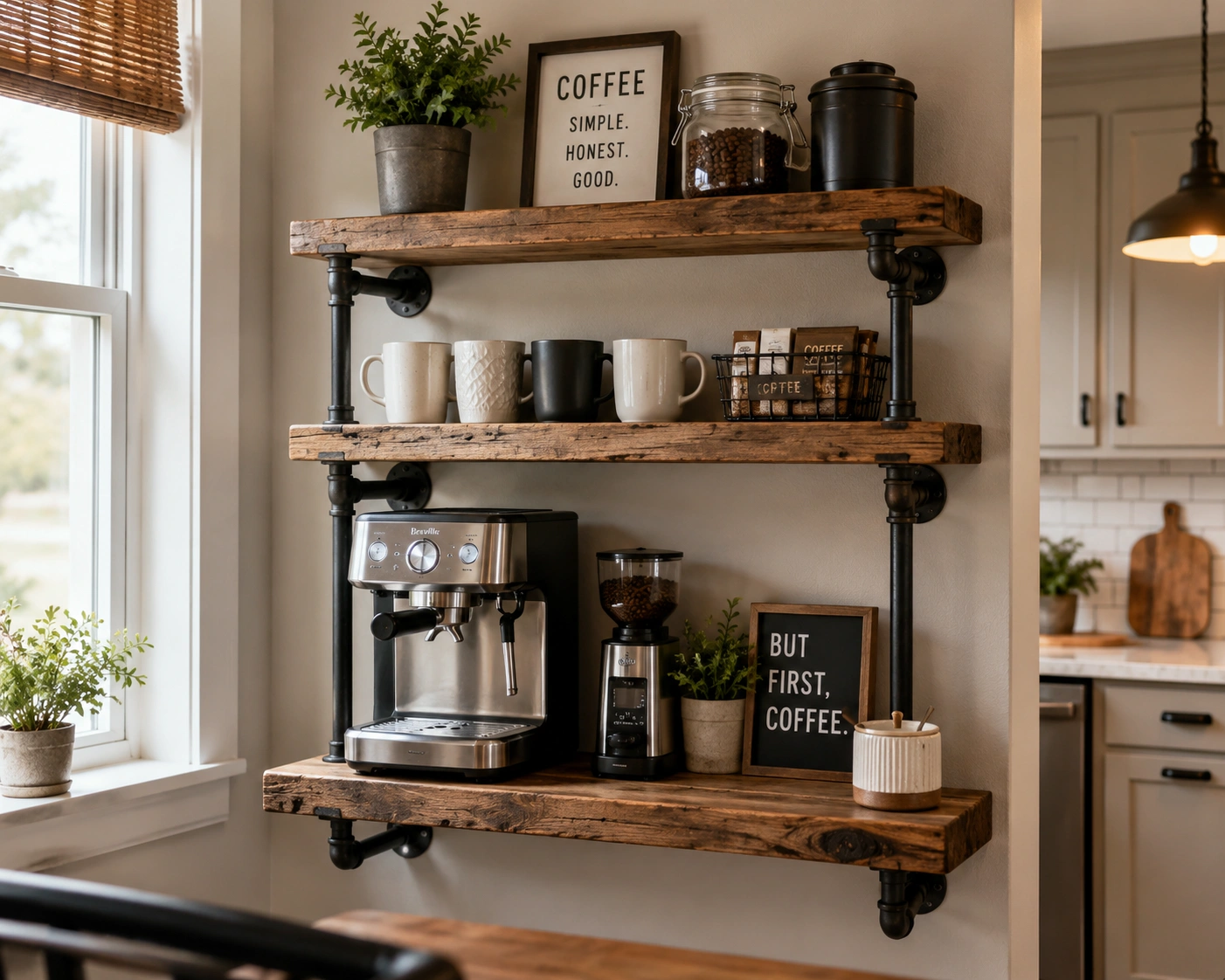 Industrial pipe shelf coffee station with rustic wood shelves, espresso maker, mugs, coffee jars, and plants.