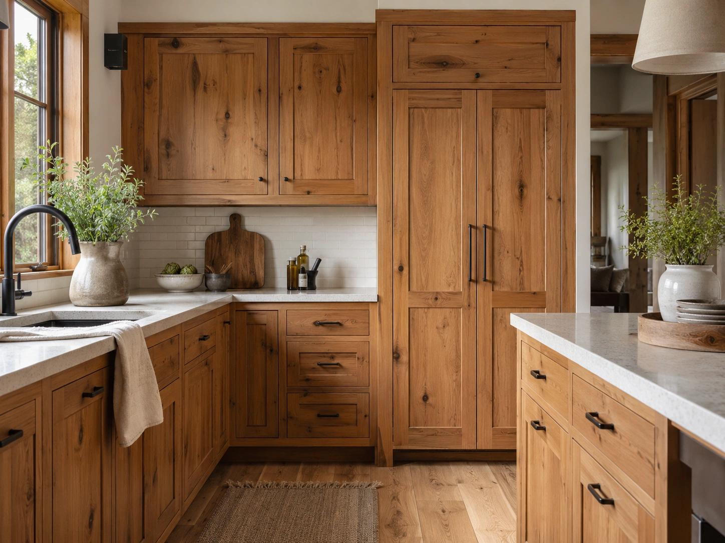 Rustic kitchen with inset knotty alder cabinet doors, quartz counters, black pulls, and warm wood trim.