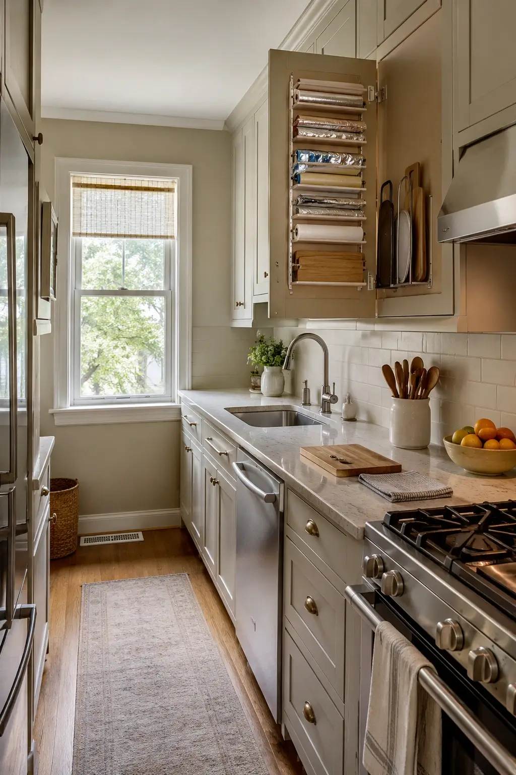 Inside-cabinet door rack storing wraps, foil, and flat lids in a narrow galley kitchen.