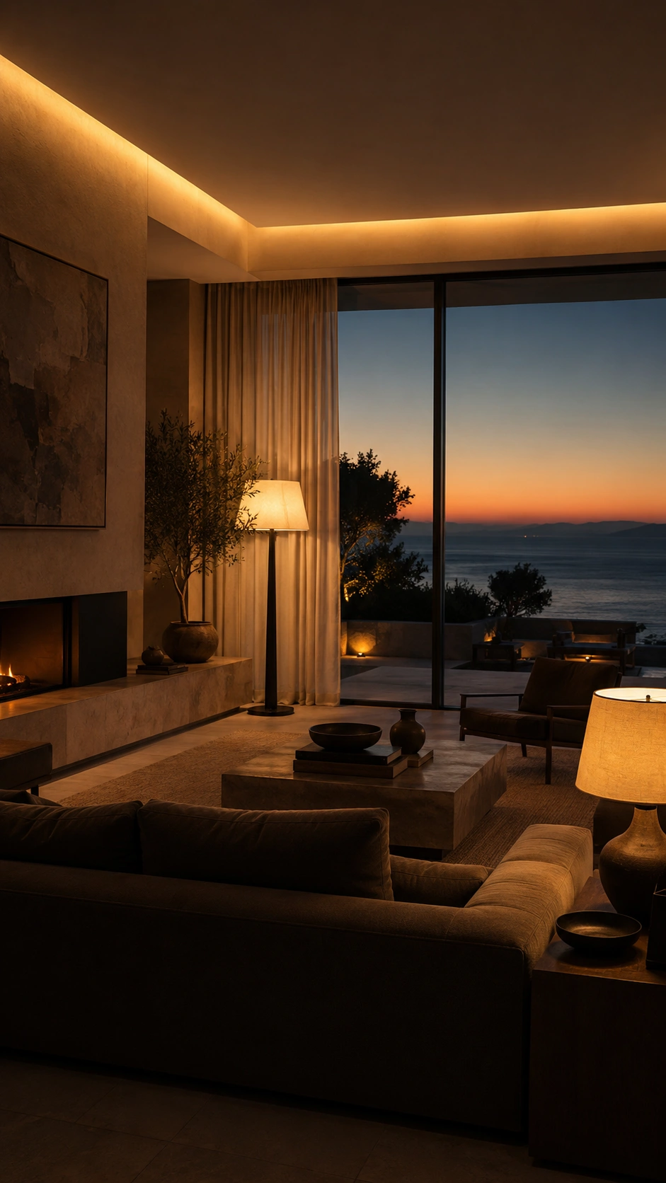 Modern luxury living room with warm cove lighting, layered lamps, fireplace, and ocean sunset view.