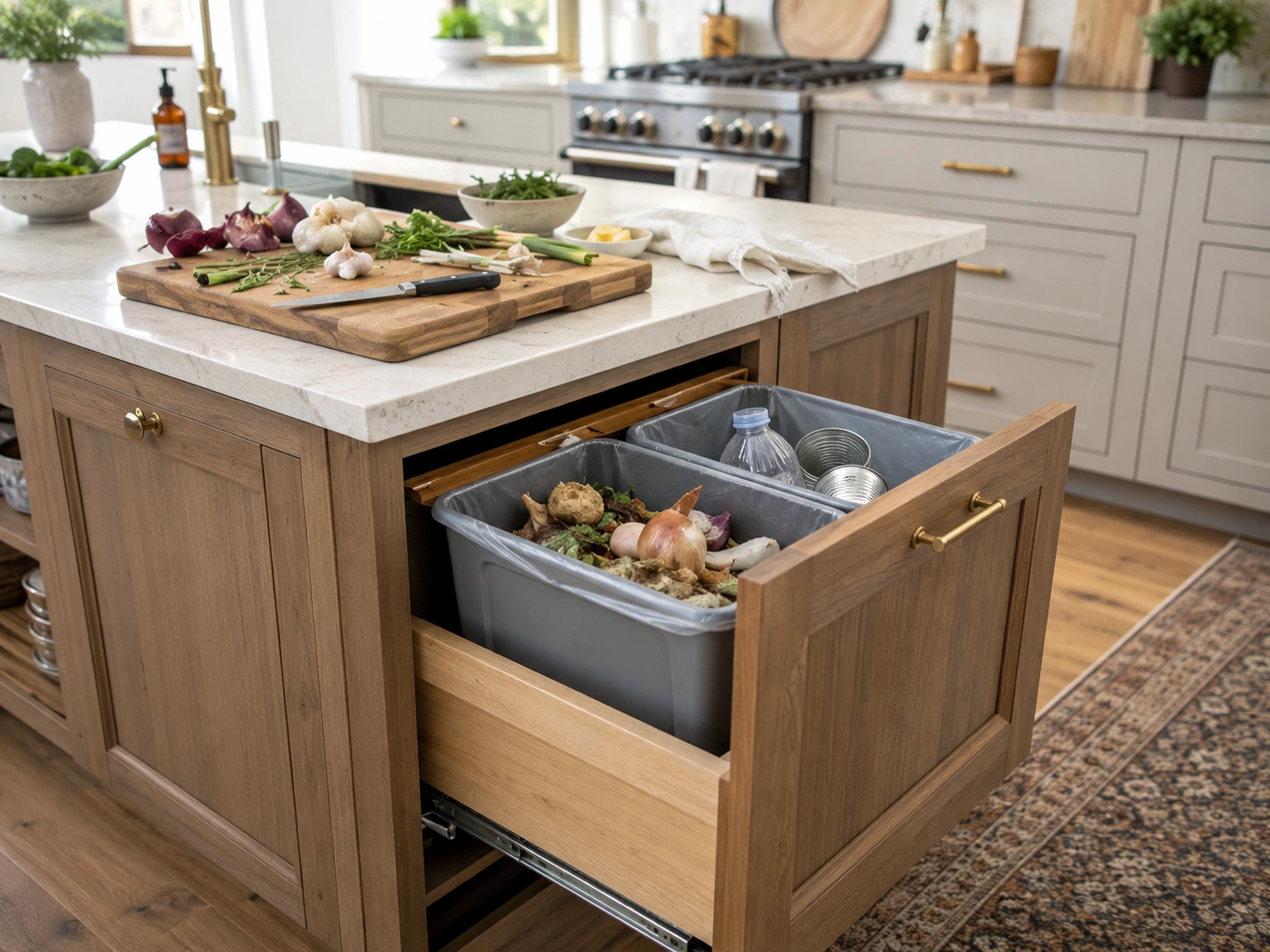 Integrated trash and recycling pull-out cabinet in a wood kitchen island below a marble-look countertop.