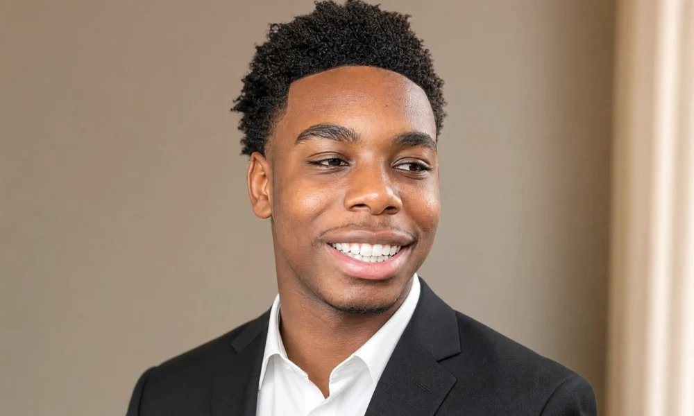 Isaiah Dickerson smiling in a black suit and white shirt against a neutral indoor background.
