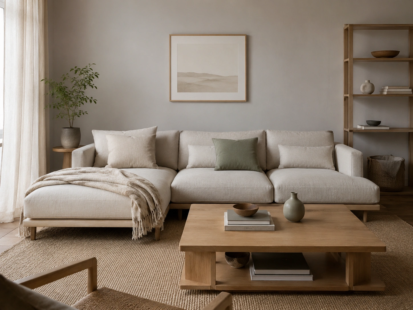 Japandi grey living room with cream sofa, light wood furniture, and subtle sage green pillow accents.