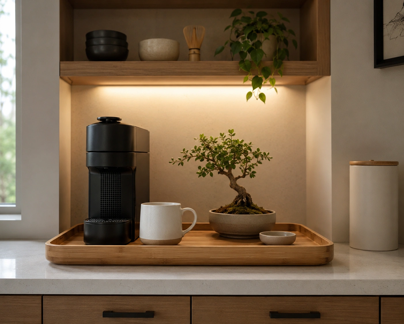 Japandi minimalist coffee station with bamboo tray, black coffee maker, ceramic mug and bonsai plant
