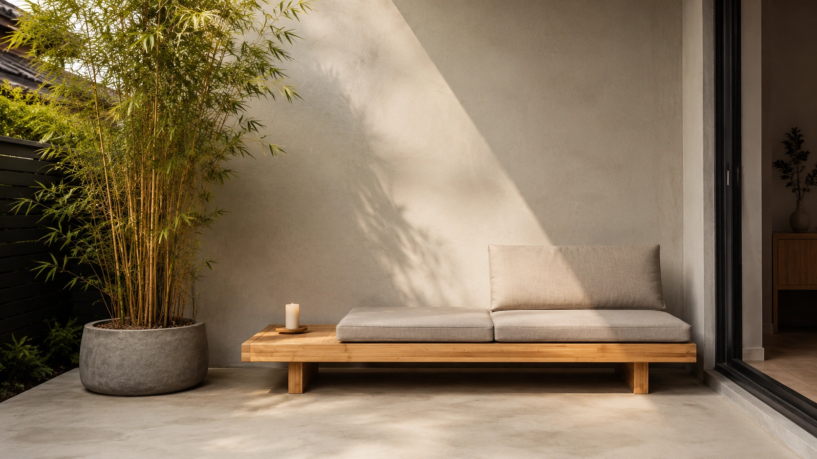 Japandi outdoor room with bamboo planter, low wood bench, neutral cushions, and clean minimalist lines.