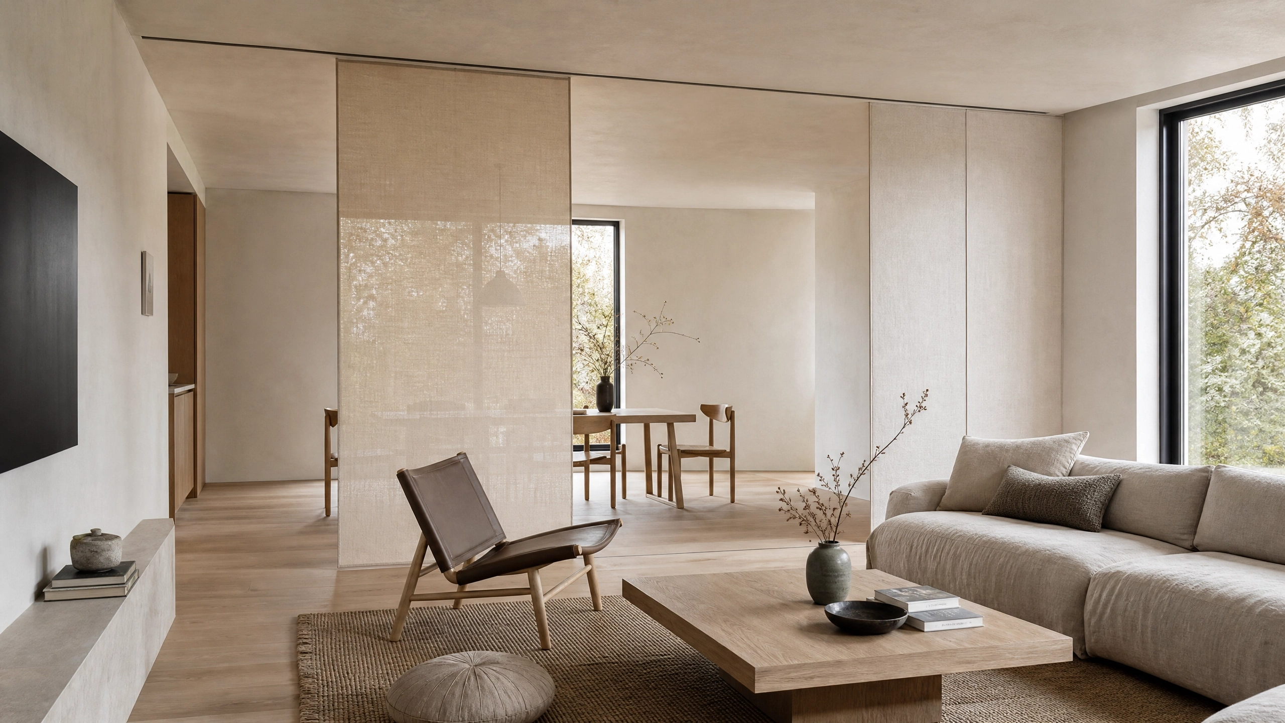 Japandi living room with sliding paper panel partition separating a calm dining area and lounge.