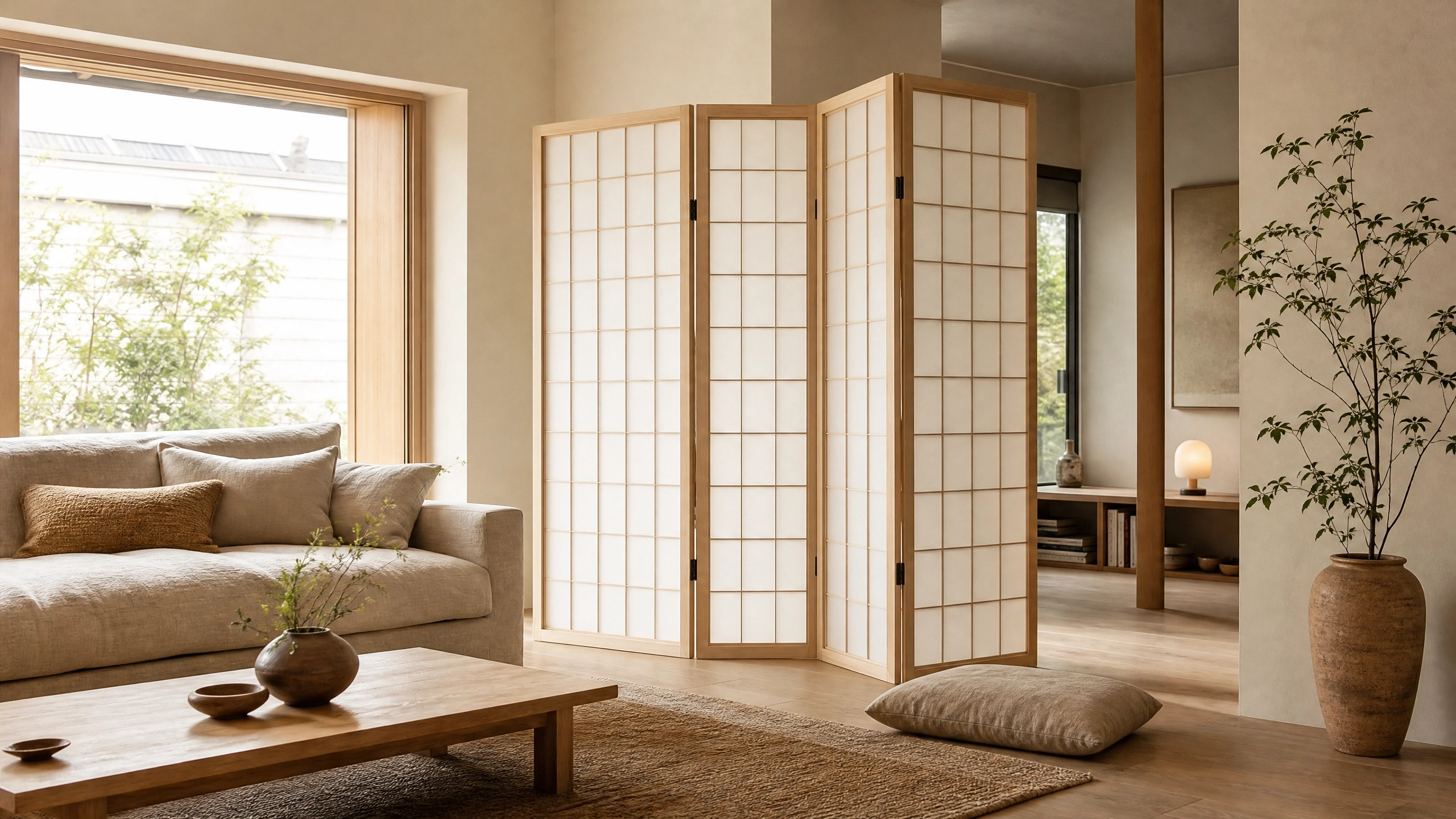 Japanese shoji screen dividing a Japandi living room with soft diffused natural light.