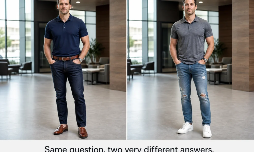 Side-by-side comparison of a polished jeans and polo outfit versus distressed jeans with sneakers.