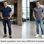 Side-by-side comparison of a polished jeans and polo outfit versus distressed jeans with sneakers.
